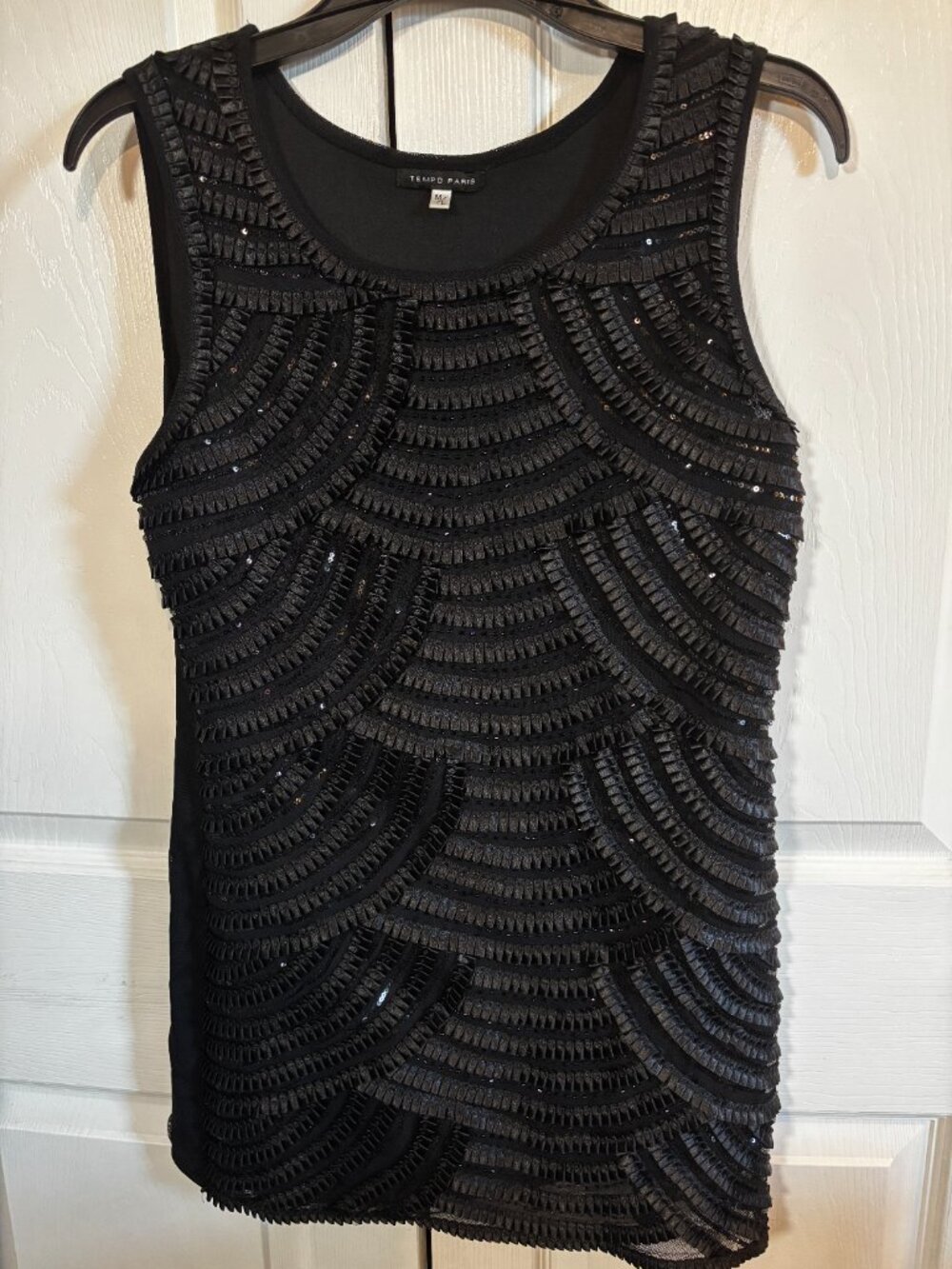 Tempo Paris Womens Sleeveless Mini Dress Black Size M/L Ruffled Beaded